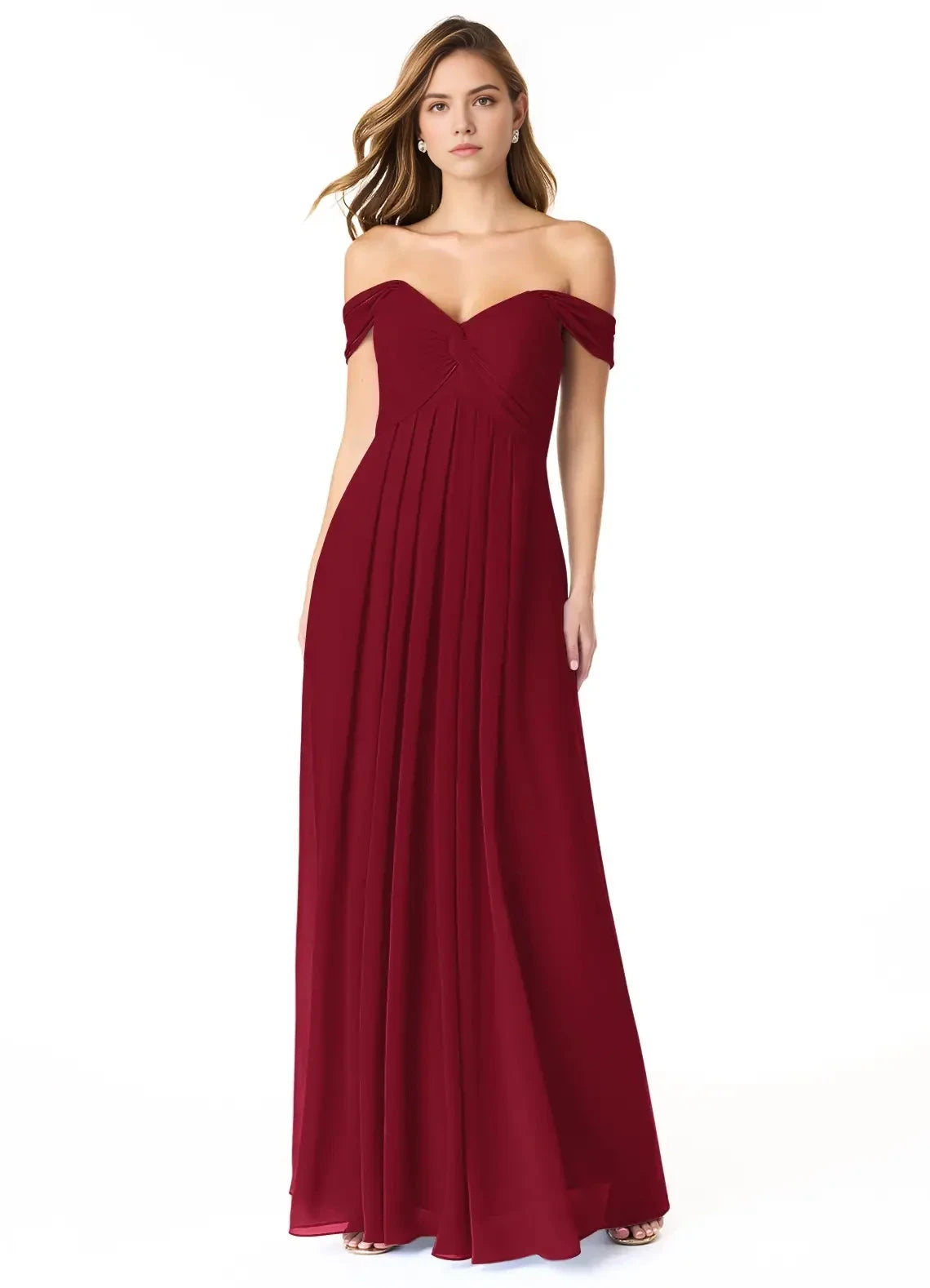 Burgundy Off-Shoulder Maxi Dress with Pleated Skirt Empire Ruched Chiffon Convertible Bridesmaid Dresses by YiHuiw