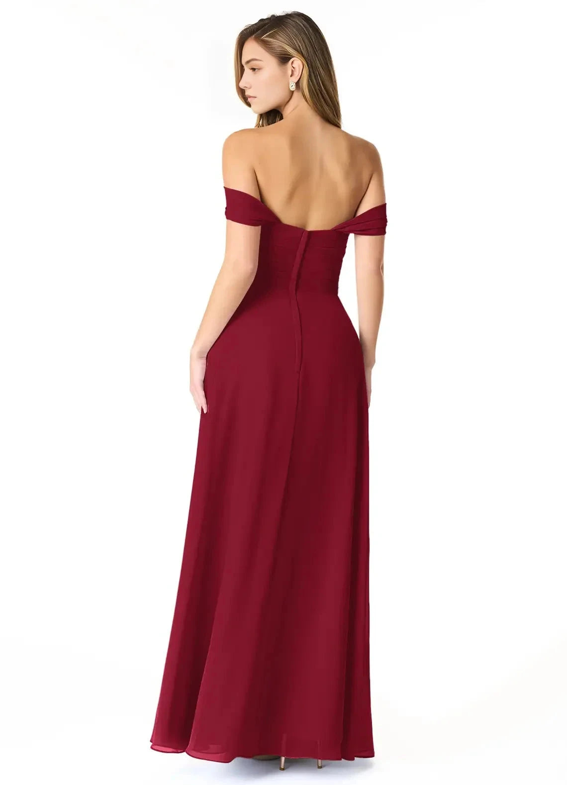 Burgundy Off-Shoulder Maxi Dress with Pleated Skirt Empire Ruched Chiffon Convertible Bridesmaid Dresses by YiHuiw