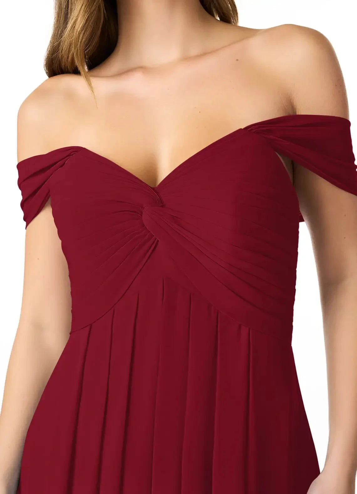 Burgundy Off-Shoulder Maxi Dress with Pleated Skirt Empire Ruched Chiffon Convertible Bridesmaid Dresses by YiHuiw