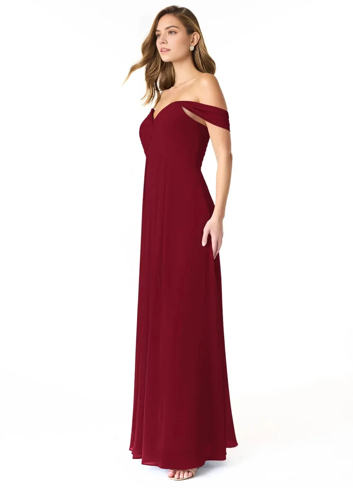 Burgundy Off-Shoulder Maxi Dress with Pleated Skirt Empire Ruched Chiffon Convertible Bridesmaid Dresses by YiHuiw