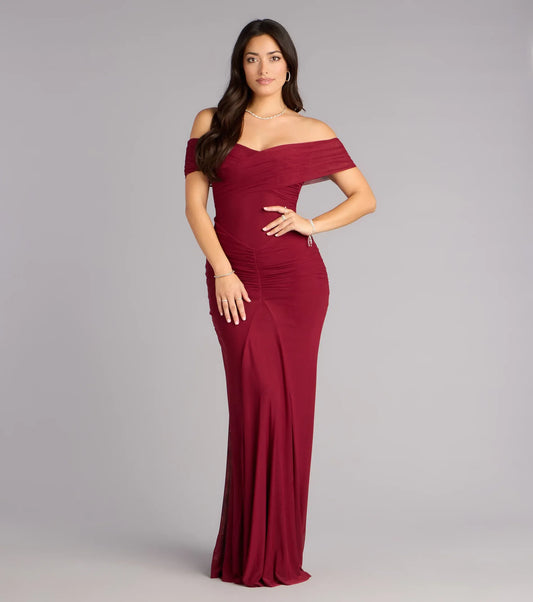 Burgundy Mermaid Off-Shoulder Mesh Ruched Floor-Length Wedding Dress - Yihuiw by Yihuiw