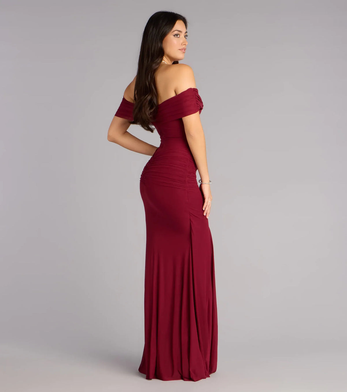 Burgundy Mermaid Off-Shoulder Mesh Ruched Floor-Length Wedding Dress - Yihuiw by Yihuiw
