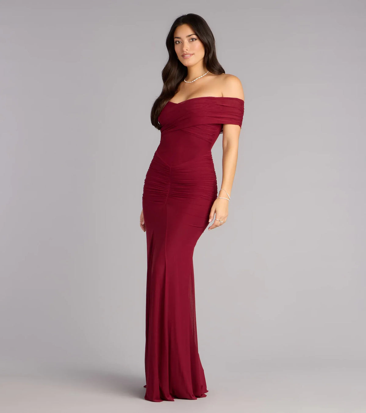 Burgundy Mermaid Off-Shoulder Mesh Ruched Floor-Length Wedding Dress - Yihuiw by Yihuiw
