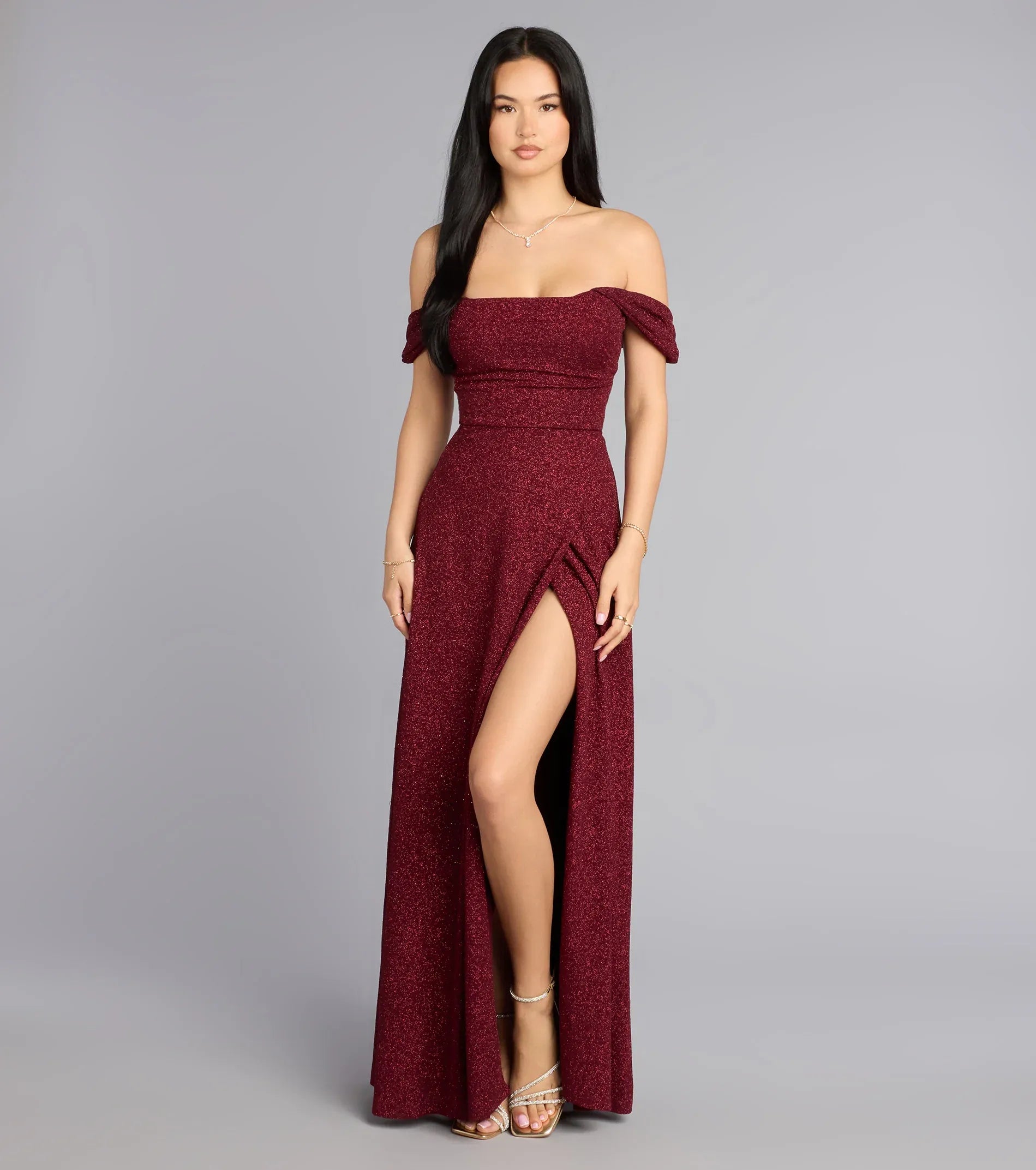 Burgundy A-Line Off-Shoulder Short Sleeve High Slit Floor-Length Wedding Dress - Yihuiw by Yihuiw