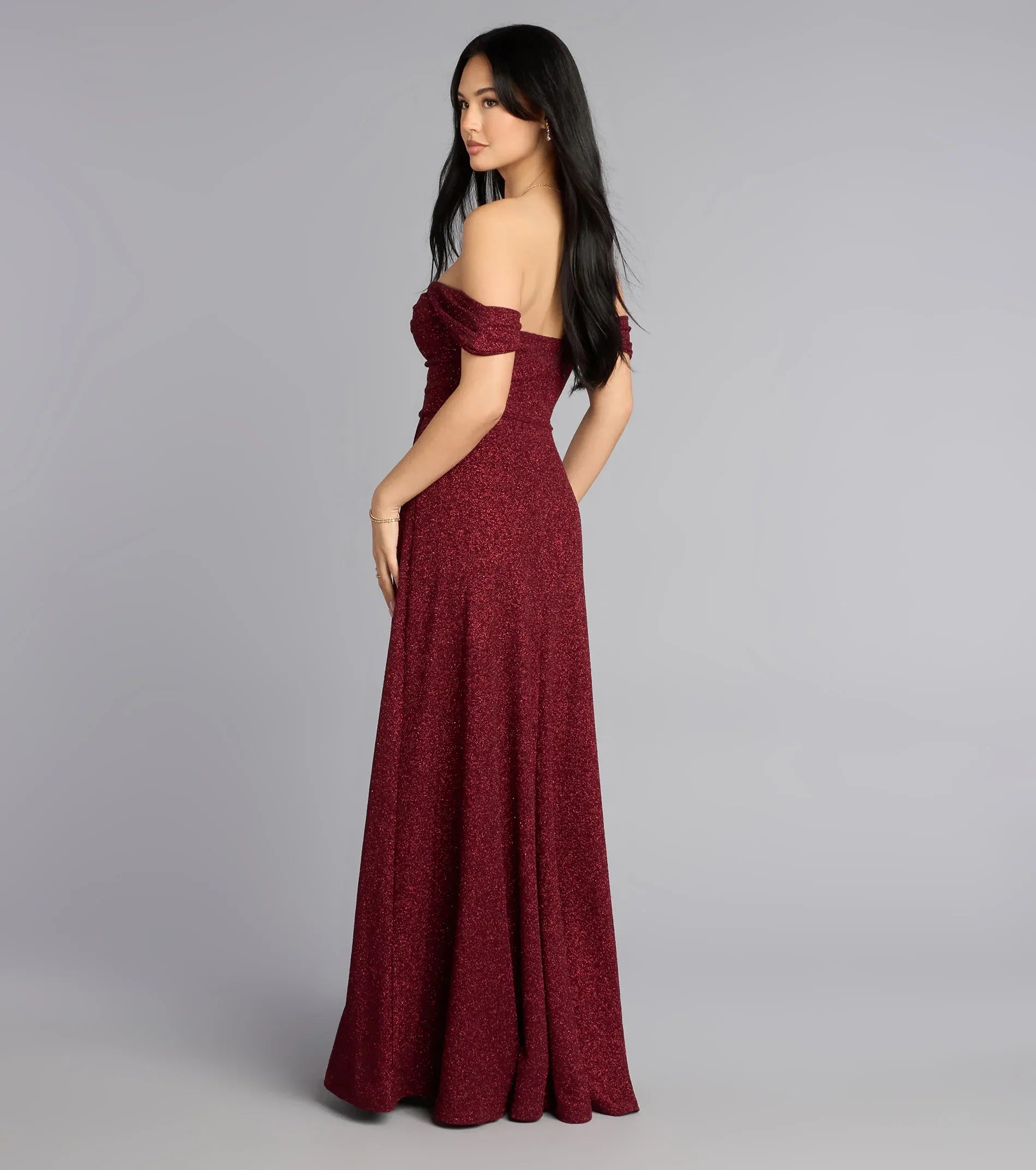 Burgundy A-Line Off-Shoulder Short Sleeve High Slit Floor-Length Wedding Dress - Yihuiw by Yihuiw