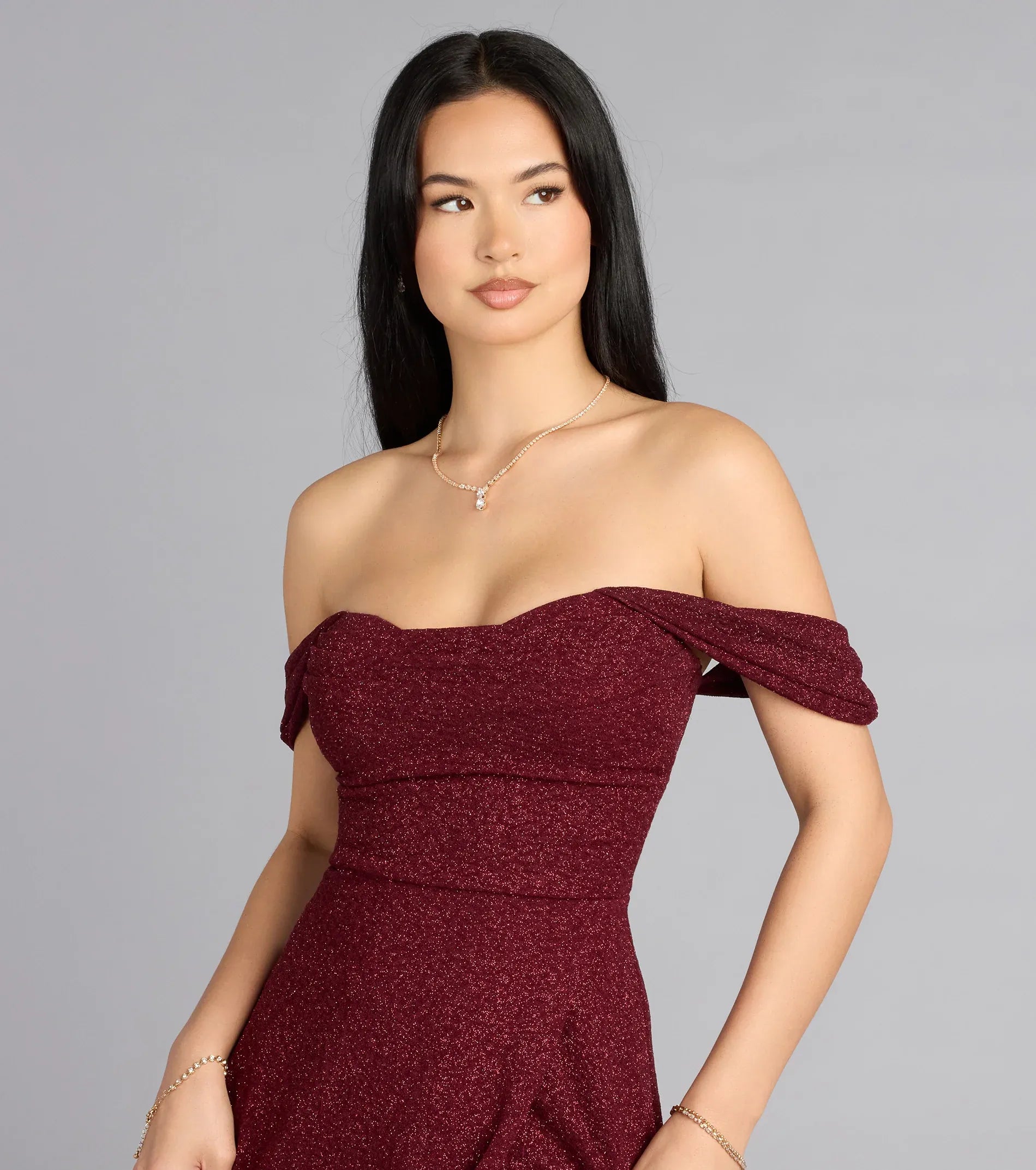 Burgundy A-Line Off-Shoulder Short Sleeve High Slit Floor-Length Wedding Dress - Yihuiw by Yihuiw