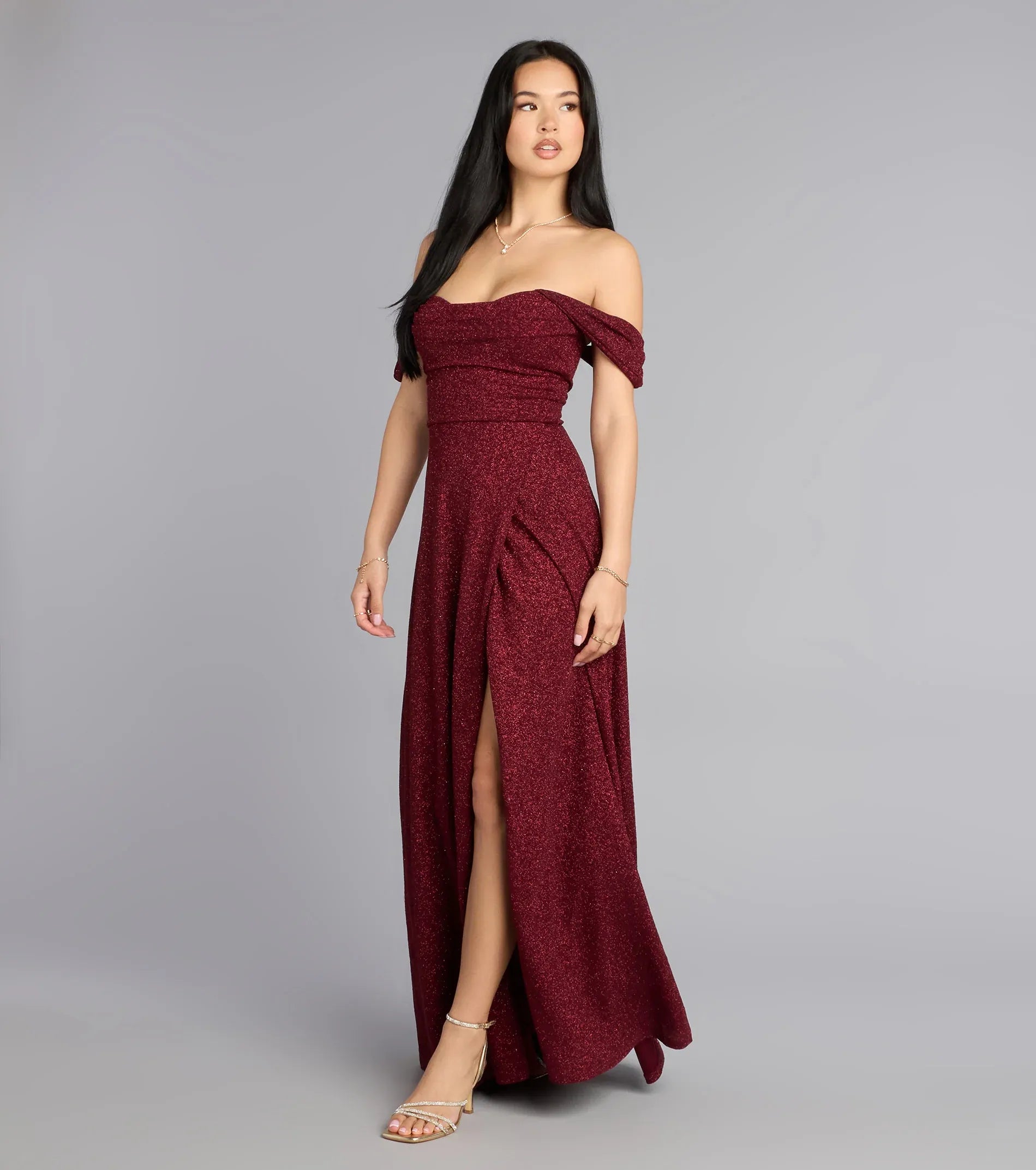 Burgundy A-Line Off-Shoulder Short Sleeve High Slit Floor-Length Wedding Dress - Yihuiw by Yihuiw