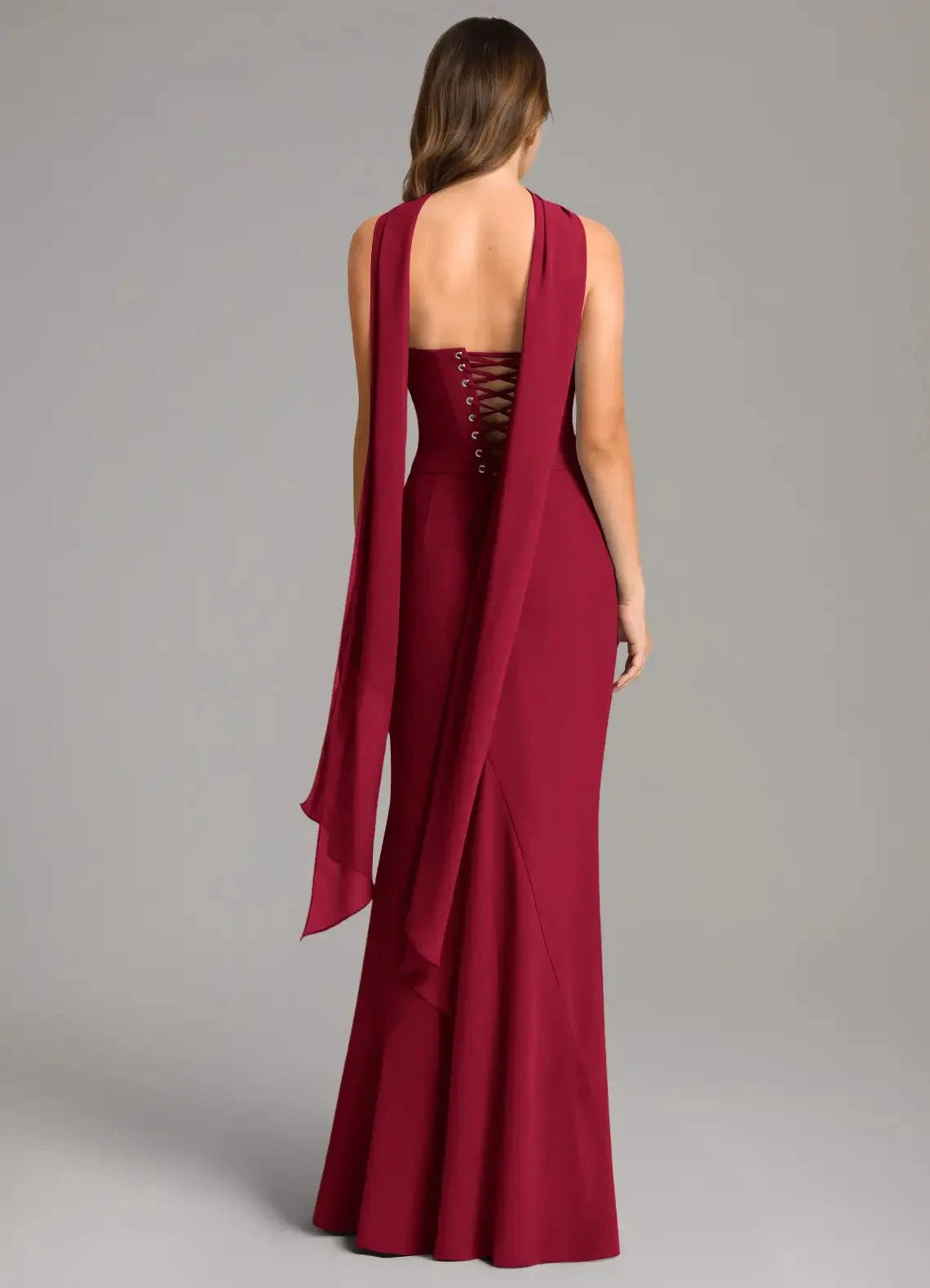 Burgundy One-Shoulder Maxi Dress with Draped Scarf and Corset Back Mermaid Corset Chiffon Dress Bridesmaid Dresses by YiHuiw
