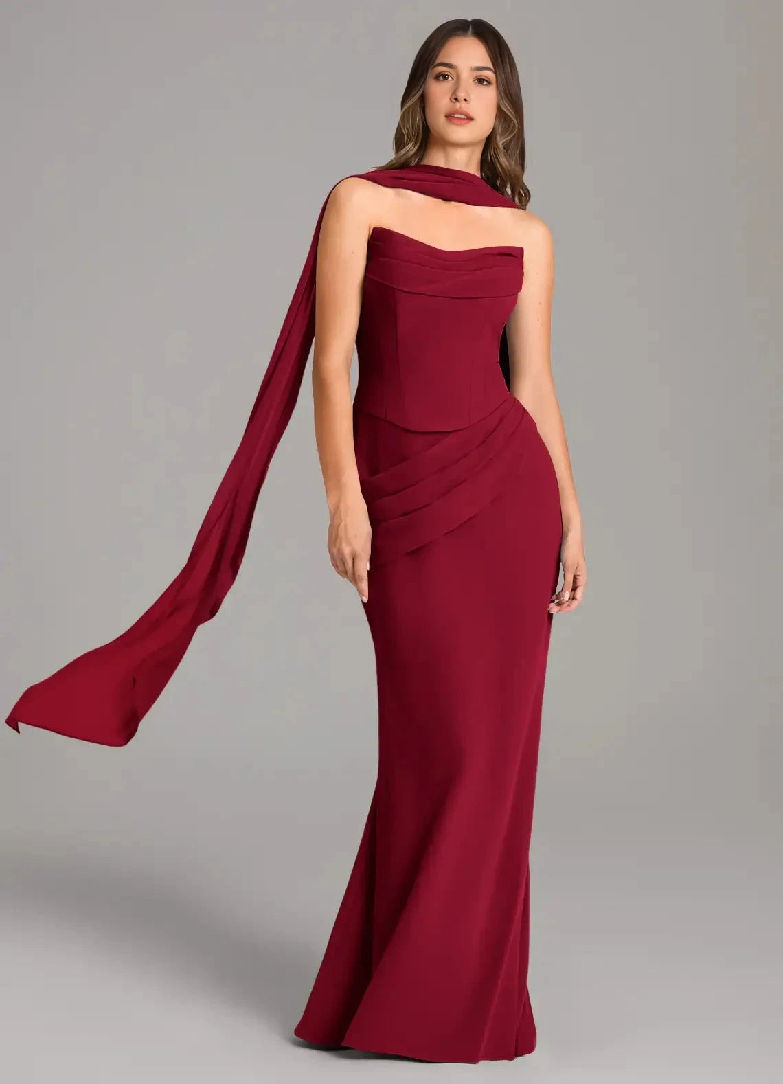 Burgundy One-Shoulder Maxi Dress with Draped Scarf and Corset Back Mermaid Corset Chiffon Dress Bridesmaid Dresses by YiHuiw
