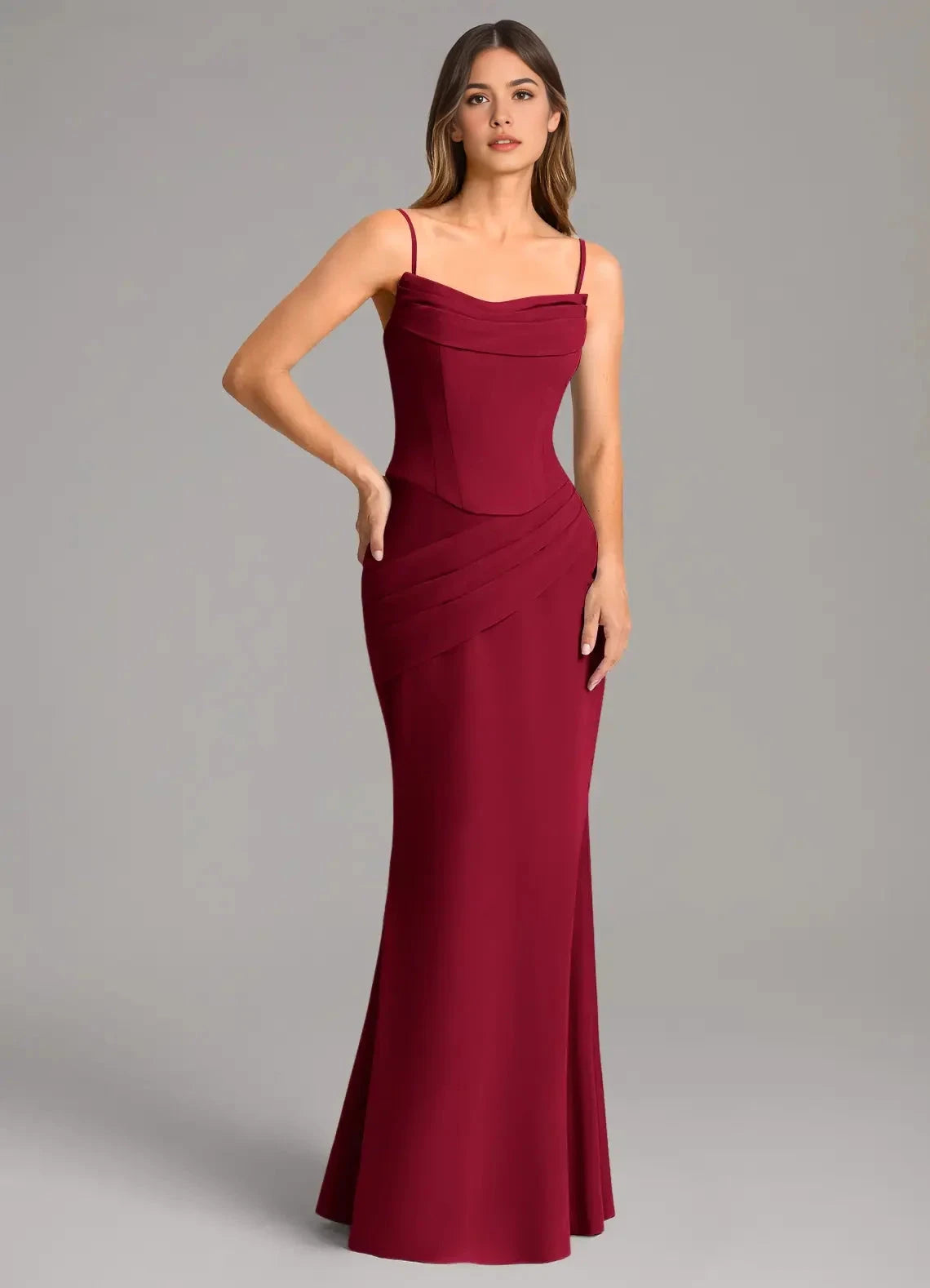 Burgundy One-Shoulder Maxi Dress with Draped Scarf and Corset Back Mermaid Corset Chiffon Dress Bridesmaid Dresses by YiHuiw