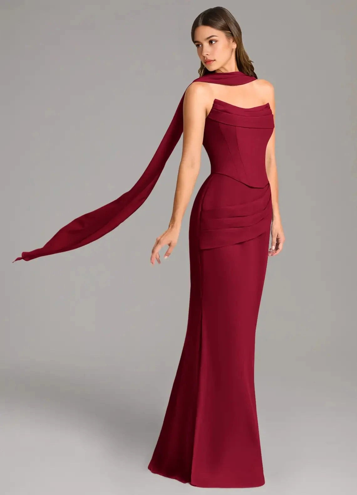 Burgundy One-Shoulder Maxi Dress with Draped Scarf and Corset Back Mermaid Corset Chiffon Dress Bridesmaid Dresses by YiHuiw
