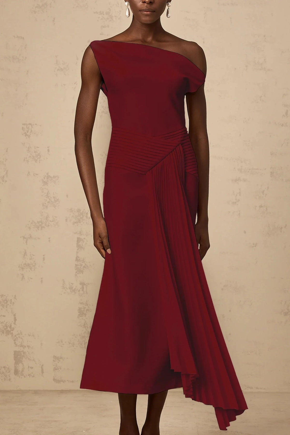 Burgundy One - Shoulder Midi Dress with Pleated Detail Laurine asymmetrical draped midi dress in Burgundy Evening Dress by YiHuiw