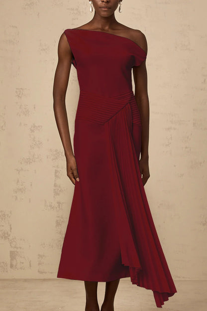 Burgundy One - Shoulder Midi Dress with Pleated Detail Laurine asymmetrical draped midi dress in Burgundy Evening Dress by YiHuiw