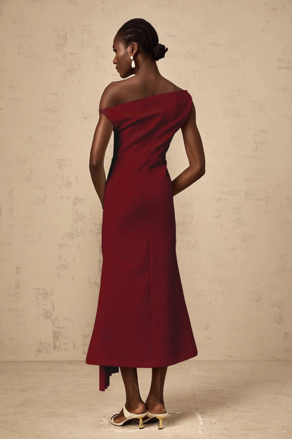 Burgundy One - Shoulder Midi Dress with Pleated Detail Laurine asymmetrical draped midi dress in Burgundy Evening Dress by YiHuiw