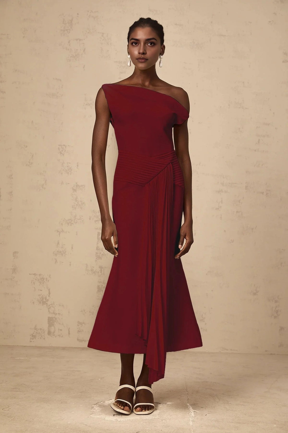 Burgundy One - Shoulder Midi Dress with Pleated Detail Laurine asymmetrical draped midi dress in Burgundy Evening Dress by YiHuiw