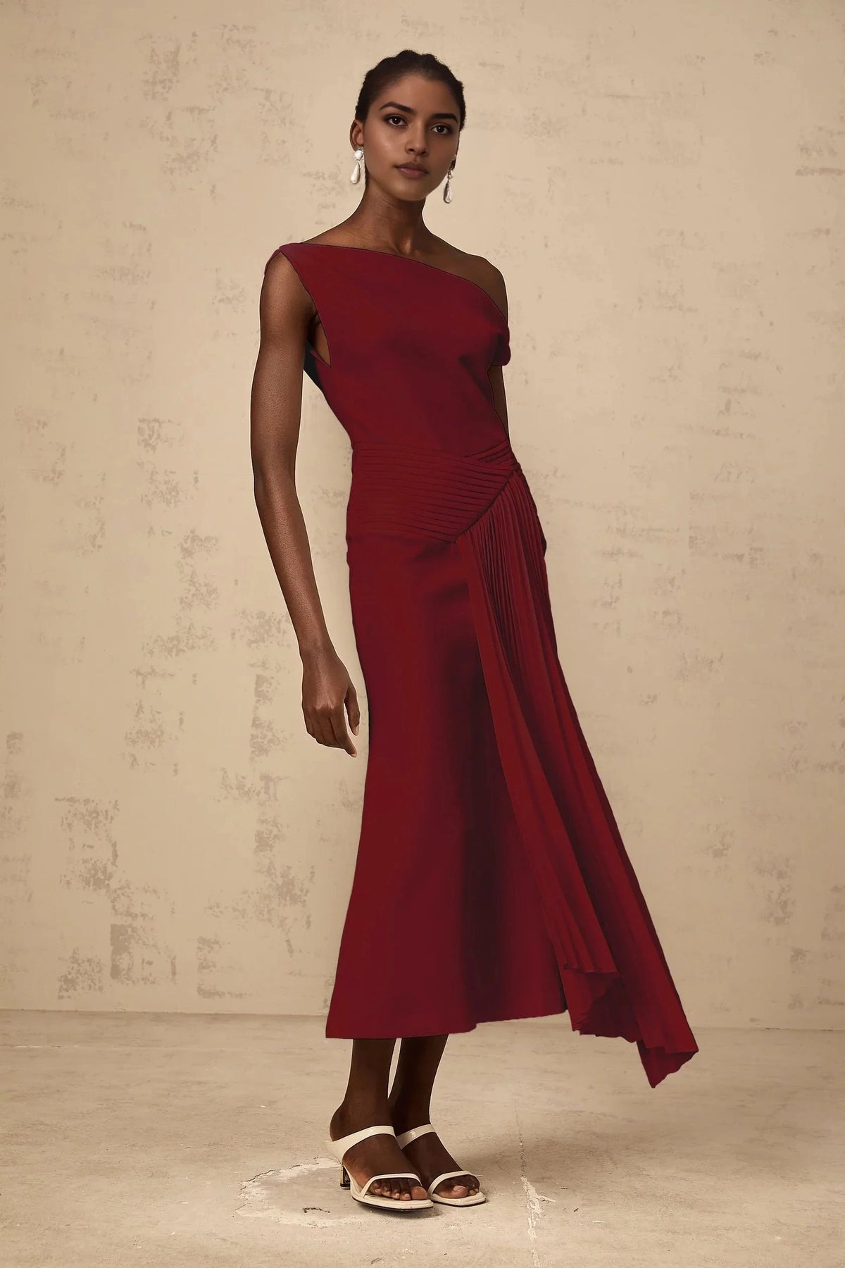 Burgundy One - Shoulder Midi Dress with Pleated Detail Laurine asymmetrical draped midi dress in Burgundy Evening Dress by YiHuiw