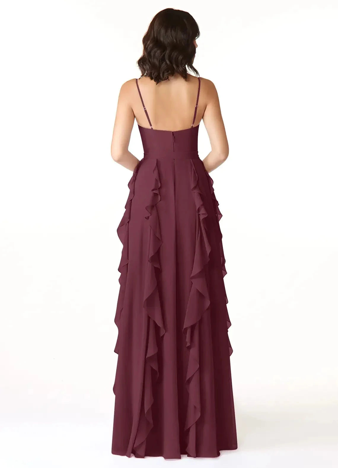 Burgundy Ruffled Spaghetti Strap Maxi Dress with Side Slit Cabernet A-Line Ruched Chiffon Dress Bridesmaid Dresses by YiHuiw