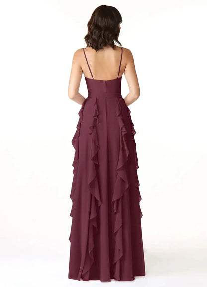 Burgundy Ruffled Spaghetti Strap Maxi Dress with Side Slit Cabernet A-Line Ruched Chiffon Dress Bridesmaid Dresses by YiHuiw