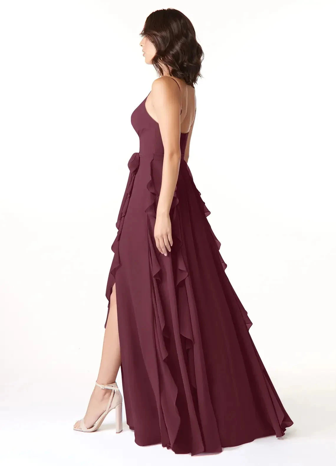 Burgundy Ruffled Spaghetti Strap Maxi Dress with Side Slit Cabernet A-Line Ruched Chiffon Dress Bridesmaid Dresses by YiHuiw