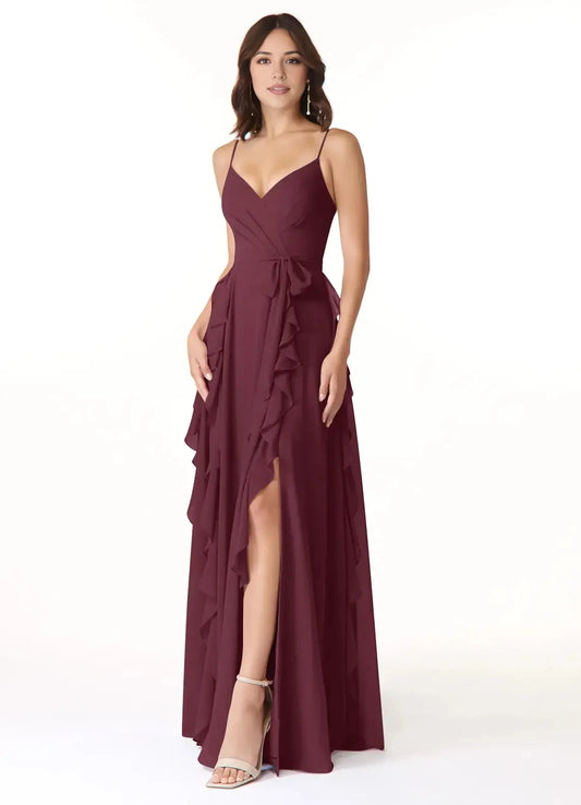 Burgundy Ruffled Spaghetti Strap Maxi Dress with Side Slit Cabernet A-Line Ruched Chiffon Dress Bridesmaid Dresses by YiHuiw