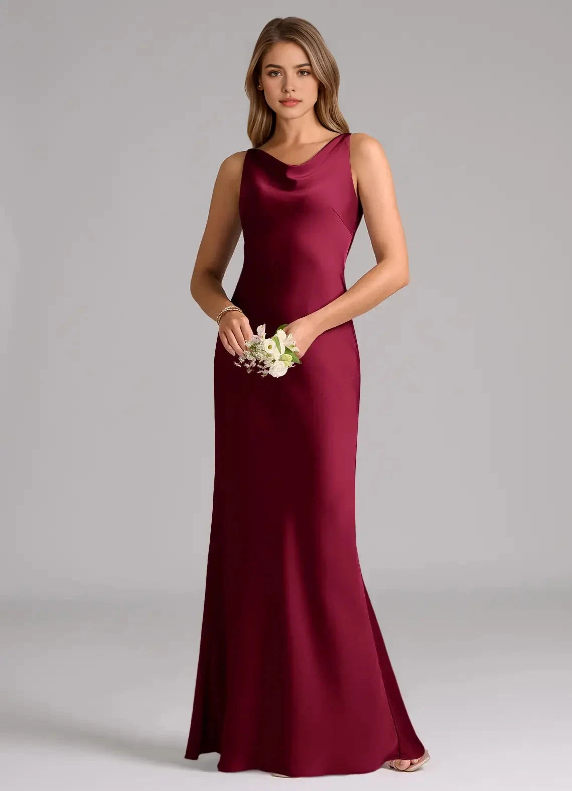 Burgundy Satin Cowl Neck Maxi Dress Mermaid Stretch Satin Dress Bridesmaid Dresses by YiHuiw