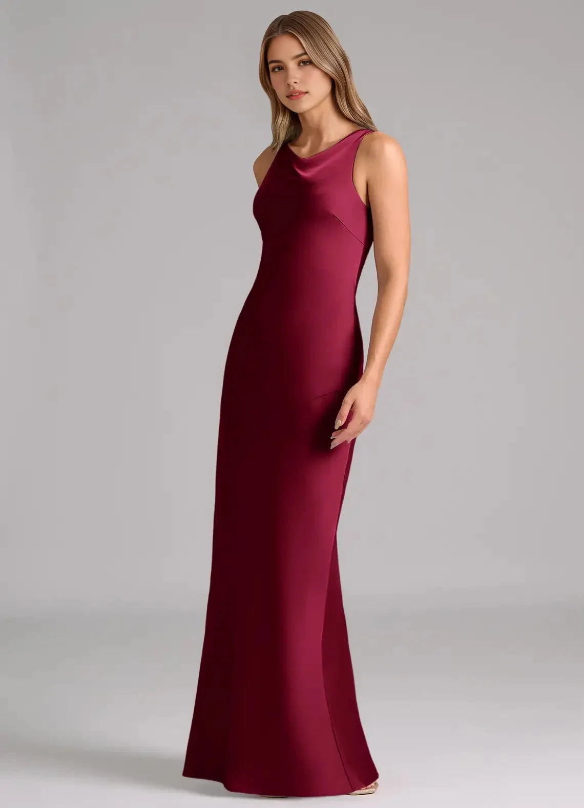 Burgundy Satin Cowl Neck Maxi Dress Mermaid Stretch Satin Dress Bridesmaid Dresses by YiHuiw