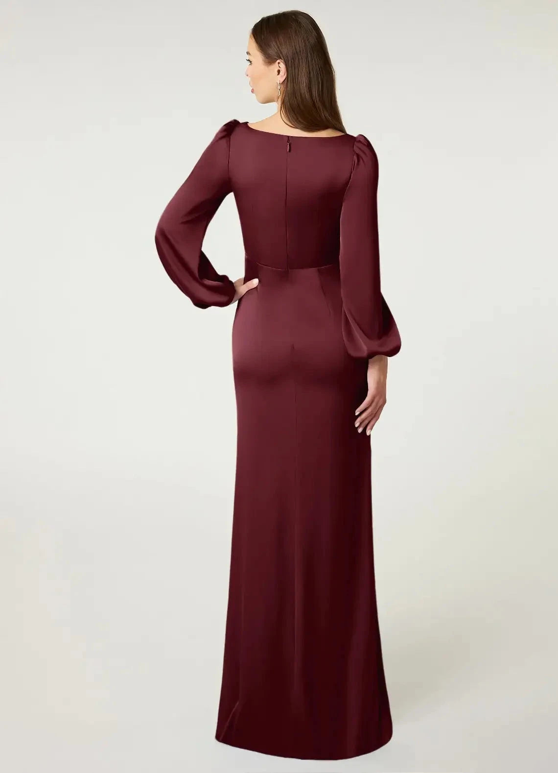 Burgundy Satin Long Sleeve Maxi Dress with Side Slit Cabernet Sheath Long Sleeve Stretch Satin Dress Bridesmaid Dresses by YiHuiw