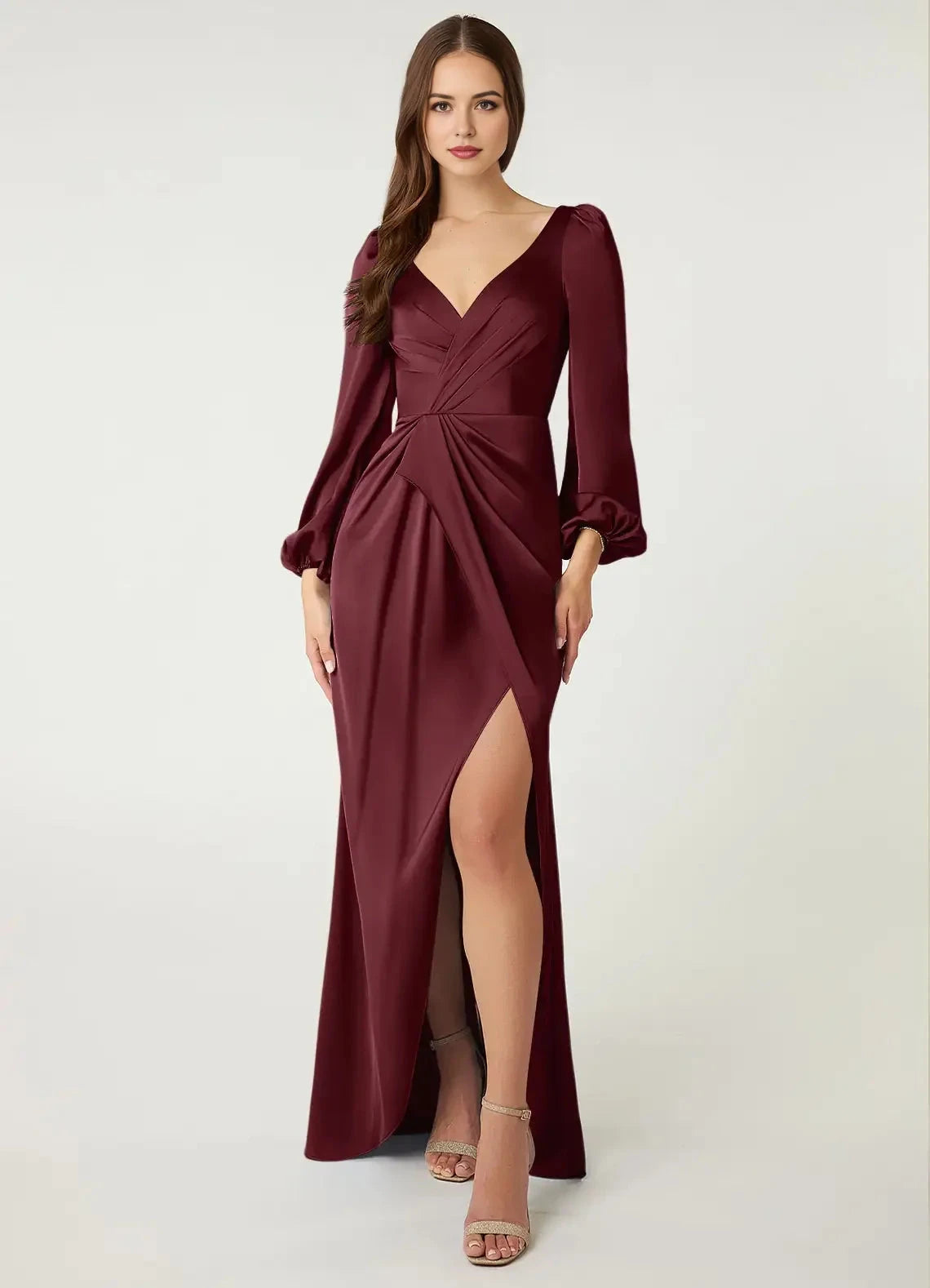 Burgundy Satin Long Sleeve Maxi Dress with Side Slit Cabernet Sheath Long Sleeve Stretch Satin Dress Bridesmaid Dresses by YiHuiw