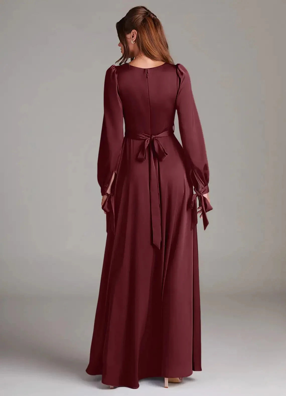 Burgundy Satin Square Neck Long Sleeve Maxi Dress with Side Slit and Back A-Line Long Sleeve Stretch Satin Dress Bridesmaid Dresses by YiHuiw