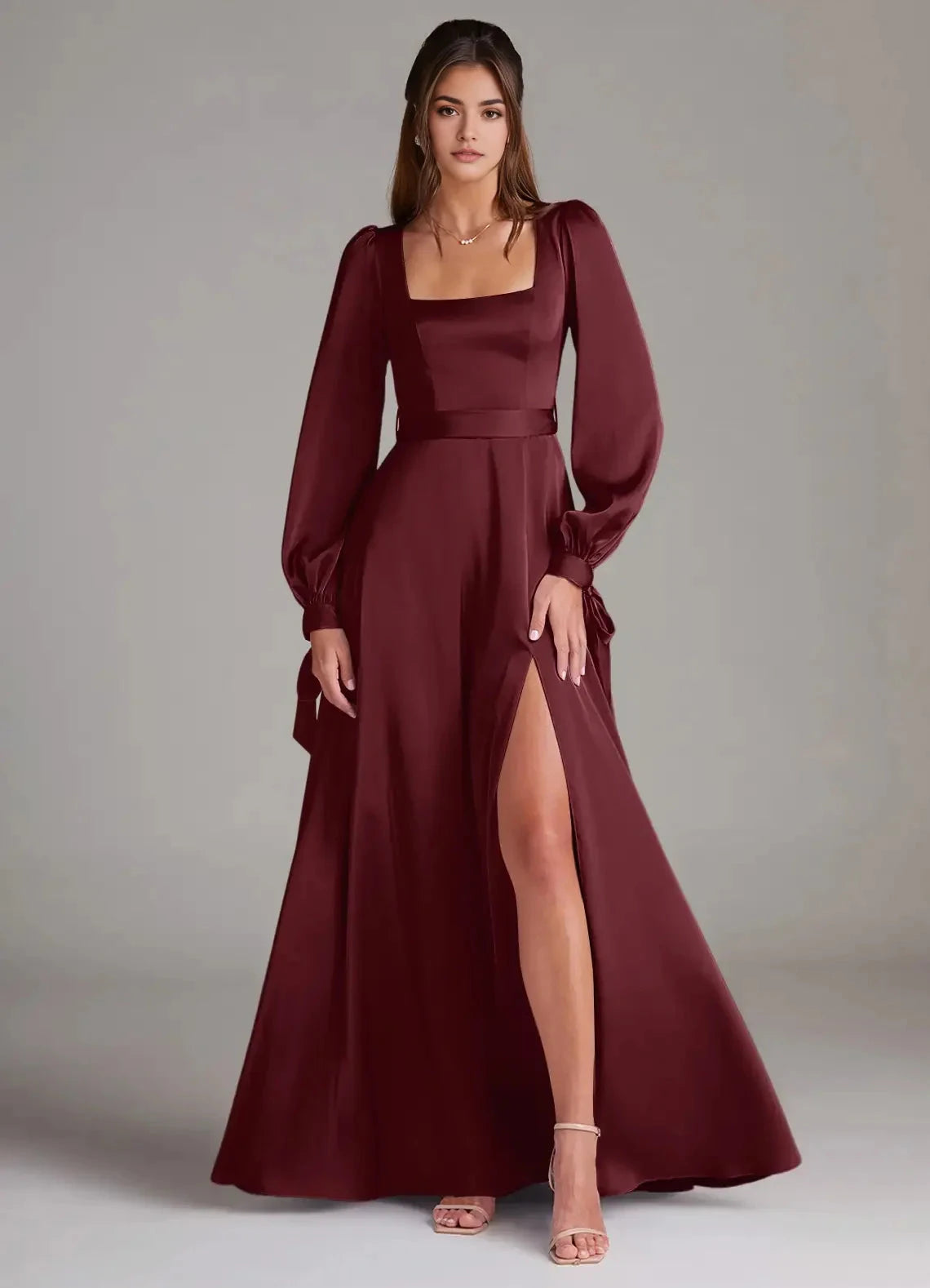 Burgundy Satin Square Neck Long Sleeve Maxi Dress with Side Slit and Back A-Line Long Sleeve Stretch Satin Dress Bridesmaid Dresses by YiHuiw