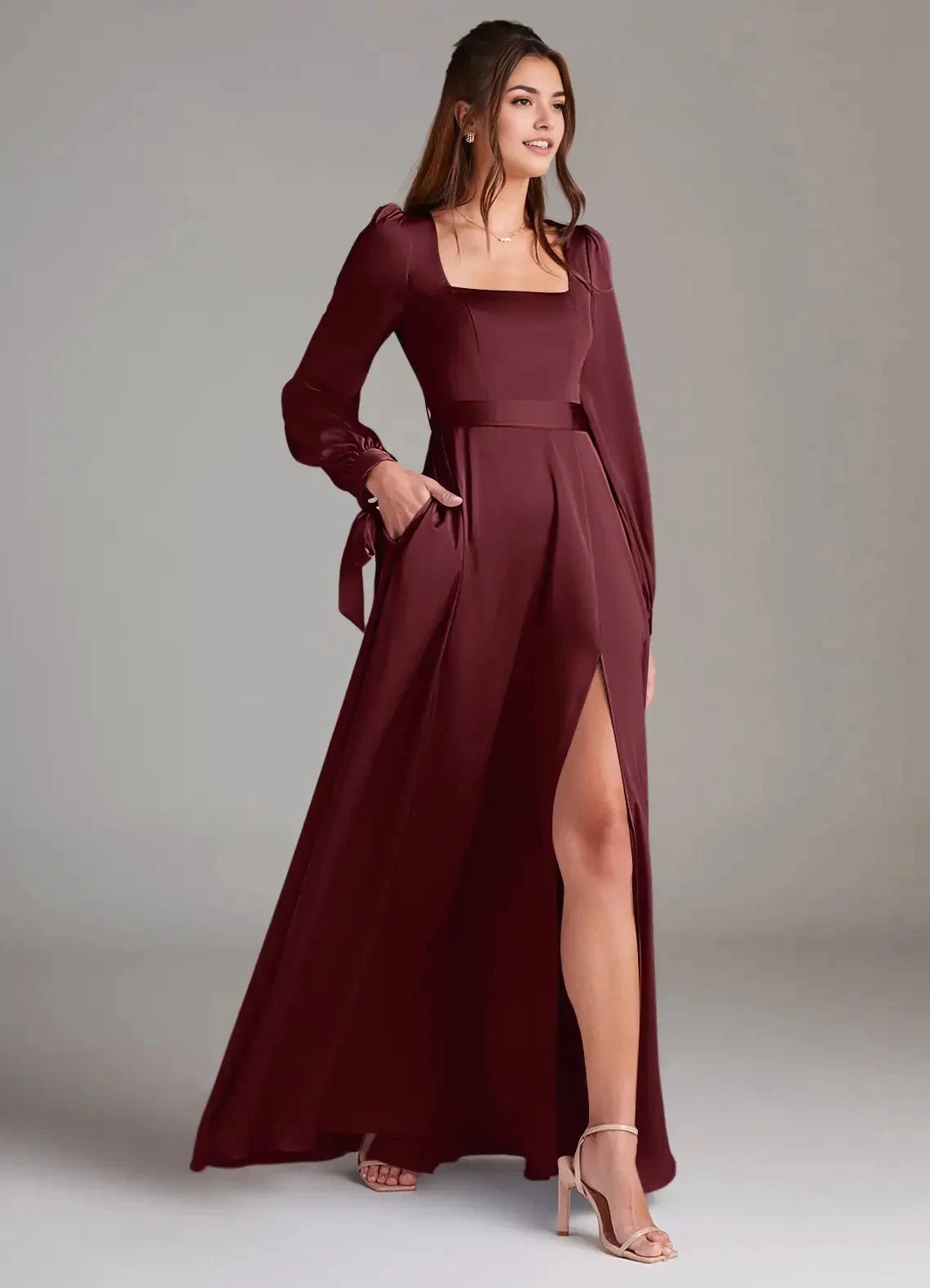 Burgundy Satin Square Neck Long Sleeve Maxi Dress with Side Slit and Back A-Line Long Sleeve Stretch Satin Dress Bridesmaid Dresses by YiHuiw