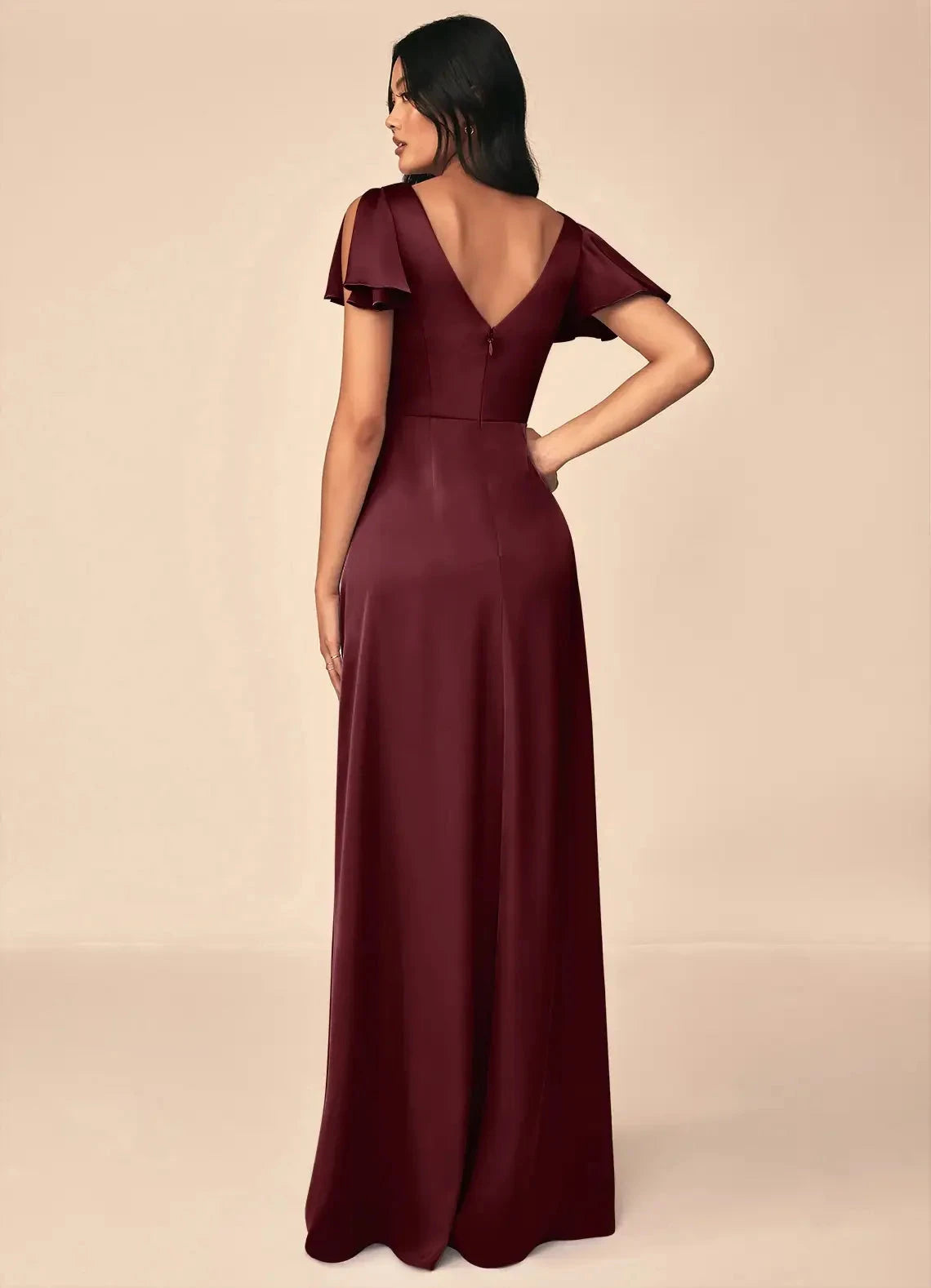 Burgundy Satin V-Neck Maxi Dress with Flutter Sleeves A-Line Pleated Stretch Satin Dress Bridesmaid Dresses by YiHuiw
