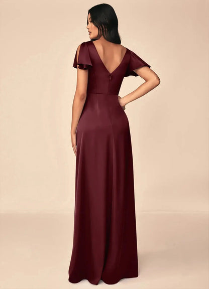 Burgundy Satin V-Neck Maxi Dress with Flutter Sleeves A-Line Pleated Stretch Satin Dress Bridesmaid Dresses by YiHuiw