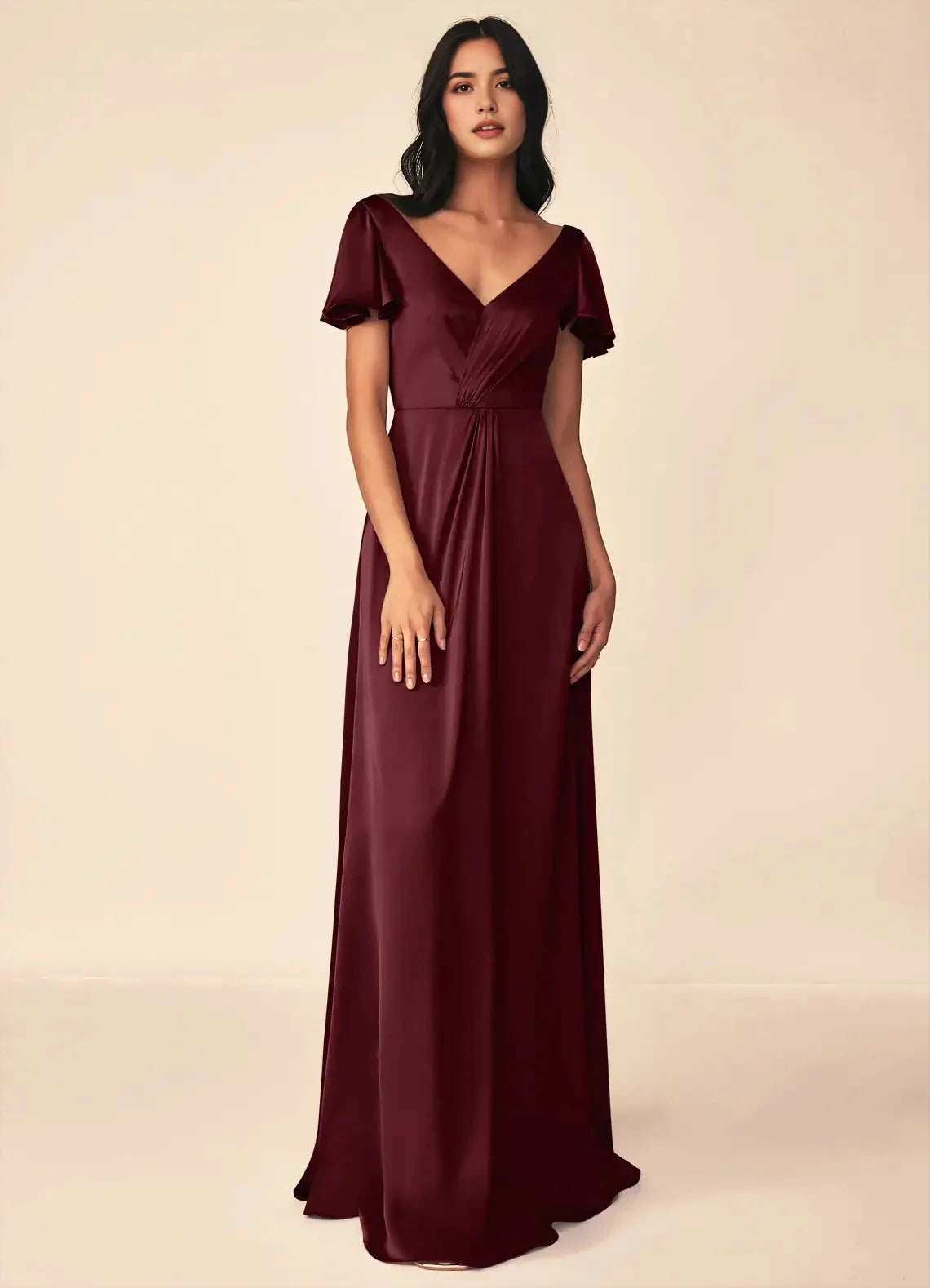 Burgundy Satin V-Neck Maxi Dress with Flutter Sleeves A-Line Pleated Stretch Satin Dress Bridesmaid Dresses by YiHuiw