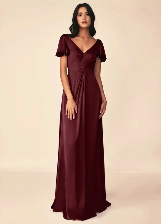 Burgundy Satin V-Neck Maxi Dress with Flutter Sleeves A-Line Pleated Stretch Satin Dress Bridesmaid Dresses by YiHuiw