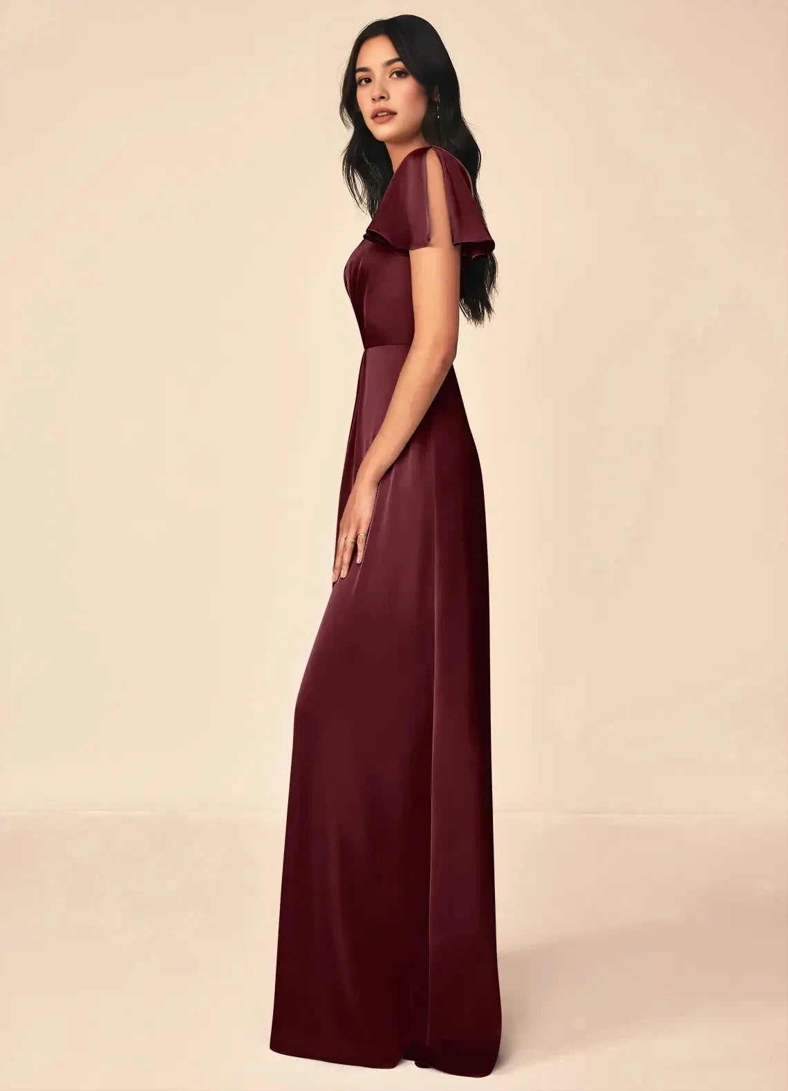 Burgundy Satin V-Neck Maxi Dress with Flutter Sleeves A-Line Pleated Stretch Satin Dress Bridesmaid Dresses by YiHuiw