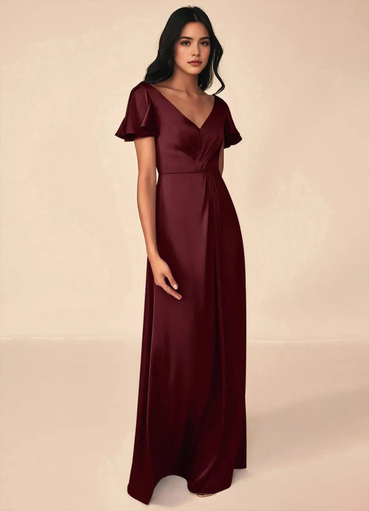 Burgundy Satin V-Neck Maxi Dress with Flutter Sleeves A-Line Pleated Stretch Satin Dress Bridesmaid Dresses by YiHuiw