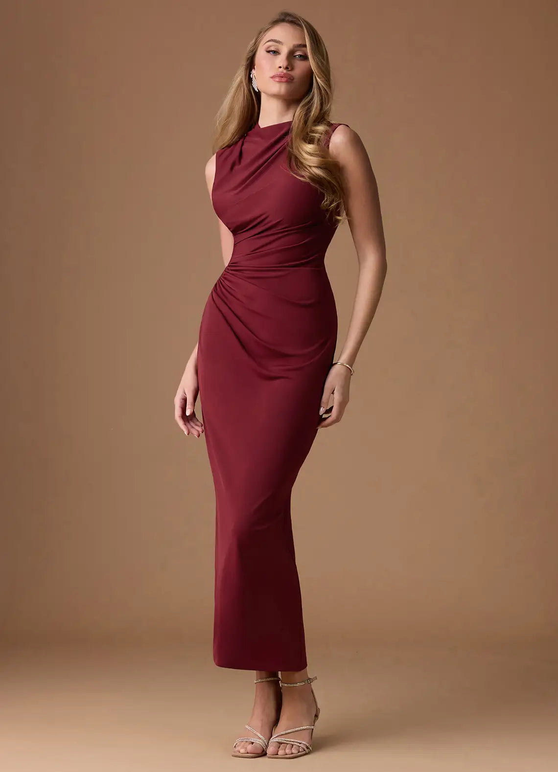 Burgundy Mock Neck Sleeveless Ruched Midi Wedding Dress - Yihuiw by Yihuiw