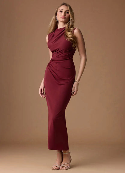 Burgundy Mock Neck Sleeveless Ruched Midi Wedding Dress - Yihuiw by Yihuiw