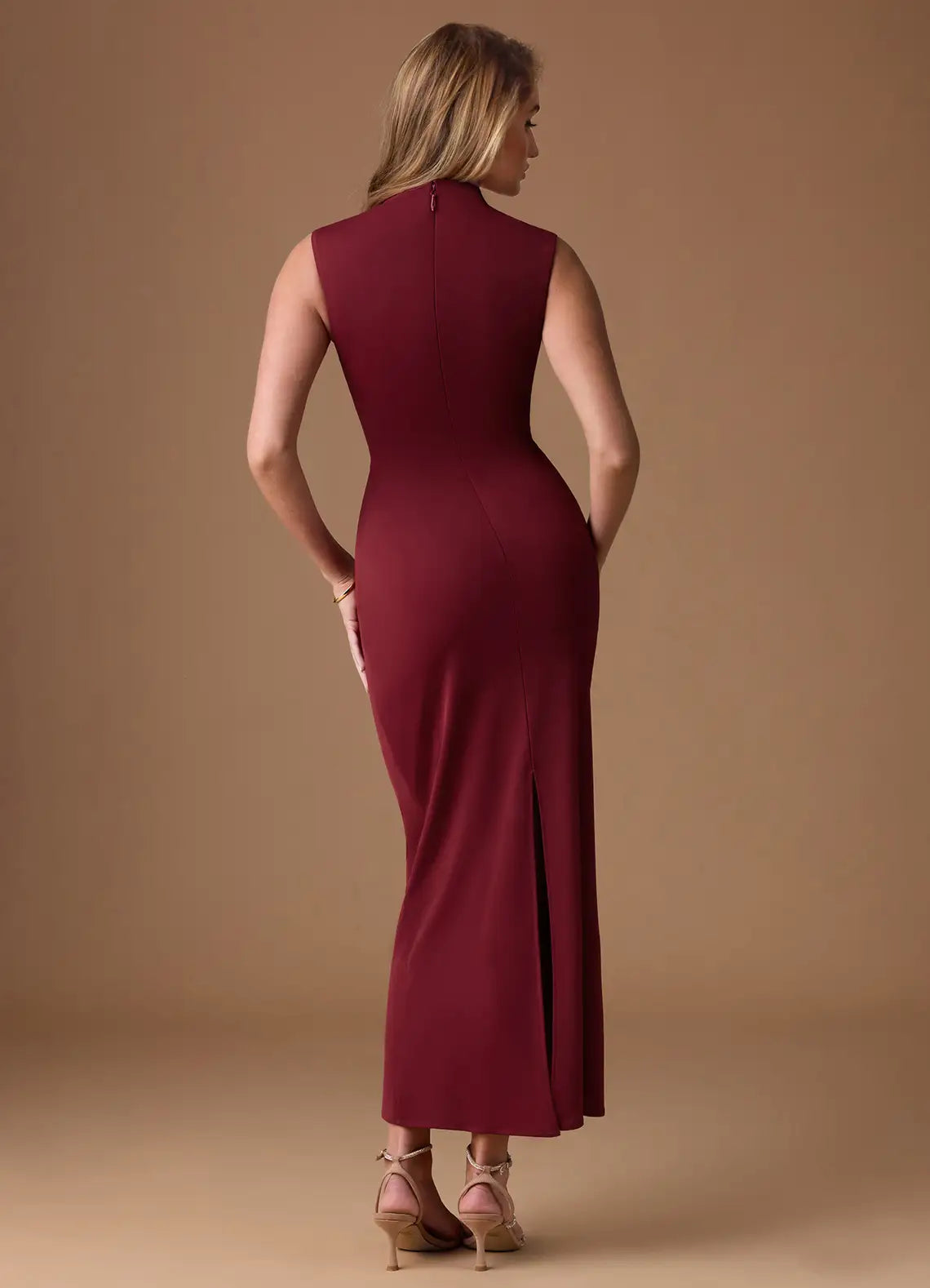 Burgundy Mock Neck Sleeveless Ruched Midi Wedding Dress - Yihuiw by Yihuiw