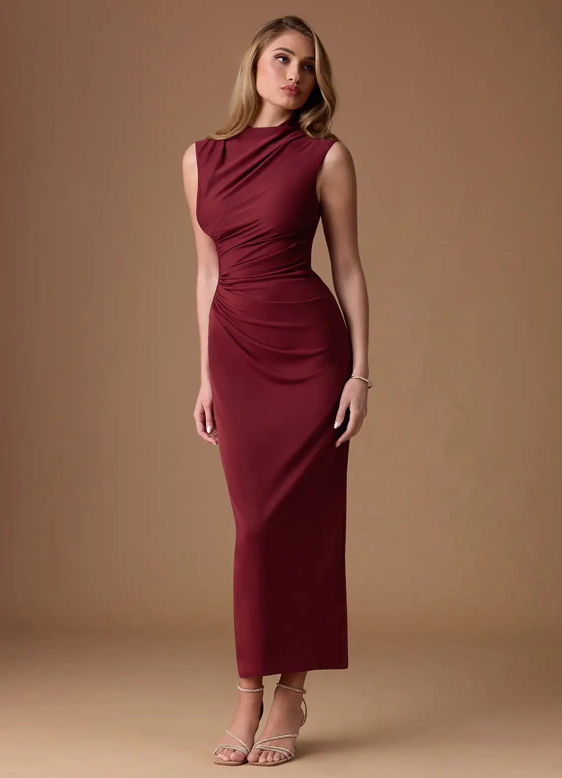 Burgundy Mock Neck Sleeveless Ruched Midi Wedding Dress - Yihuiw by Yihuiw