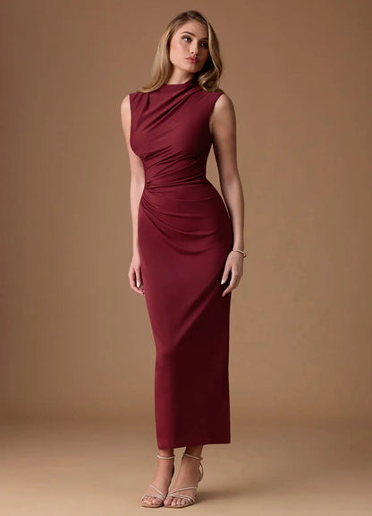 Burgundy Mock Neck Sleeveless Ruched Midi Wedding Dress - Yihuiw by Yihuiw