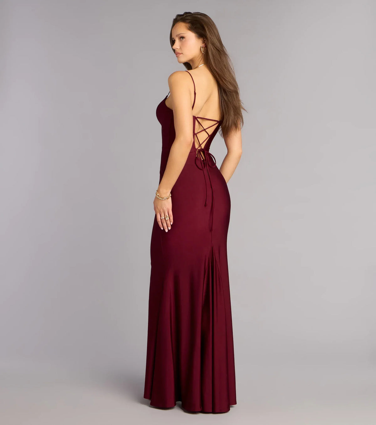 Burgundy Mermaid Spaghetti Strap Lace Lace-Up Back Floor-Length Homecoming Dress - Yihuiw by Yihuiw