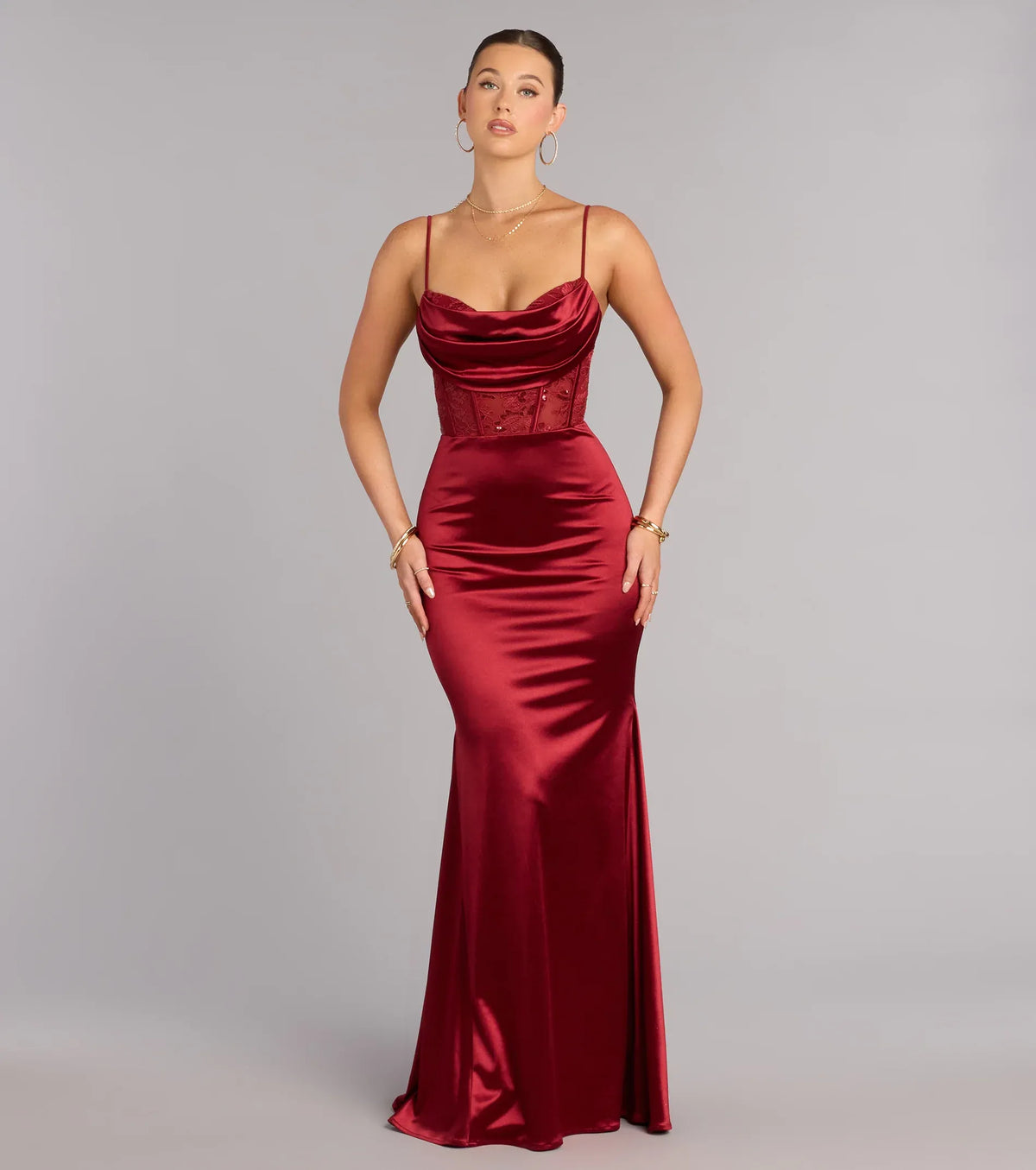 Burgundy Mermaid Spaghetti Strap Lace Lace-Up Back Floor-Length Wedding Dress - Yihuiw by Yihuiw