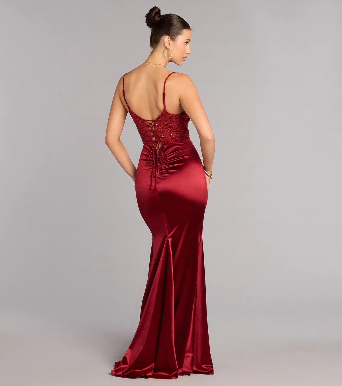 Burgundy Mermaid Spaghetti Strap Lace Lace-Up Back Floor-Length Wedding Dress - Yihuiw by Yihuiw