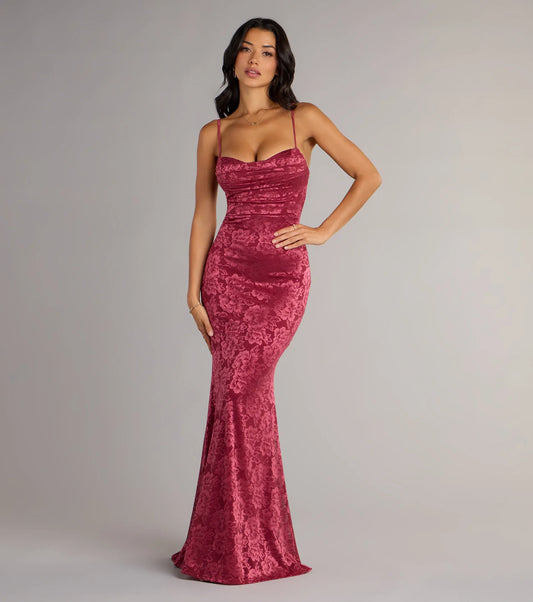 Burgundy Mermaid Spaghetti Strap Lace Open Back Floor-Length Wedding Dress - Yihuiw by Yihuiw