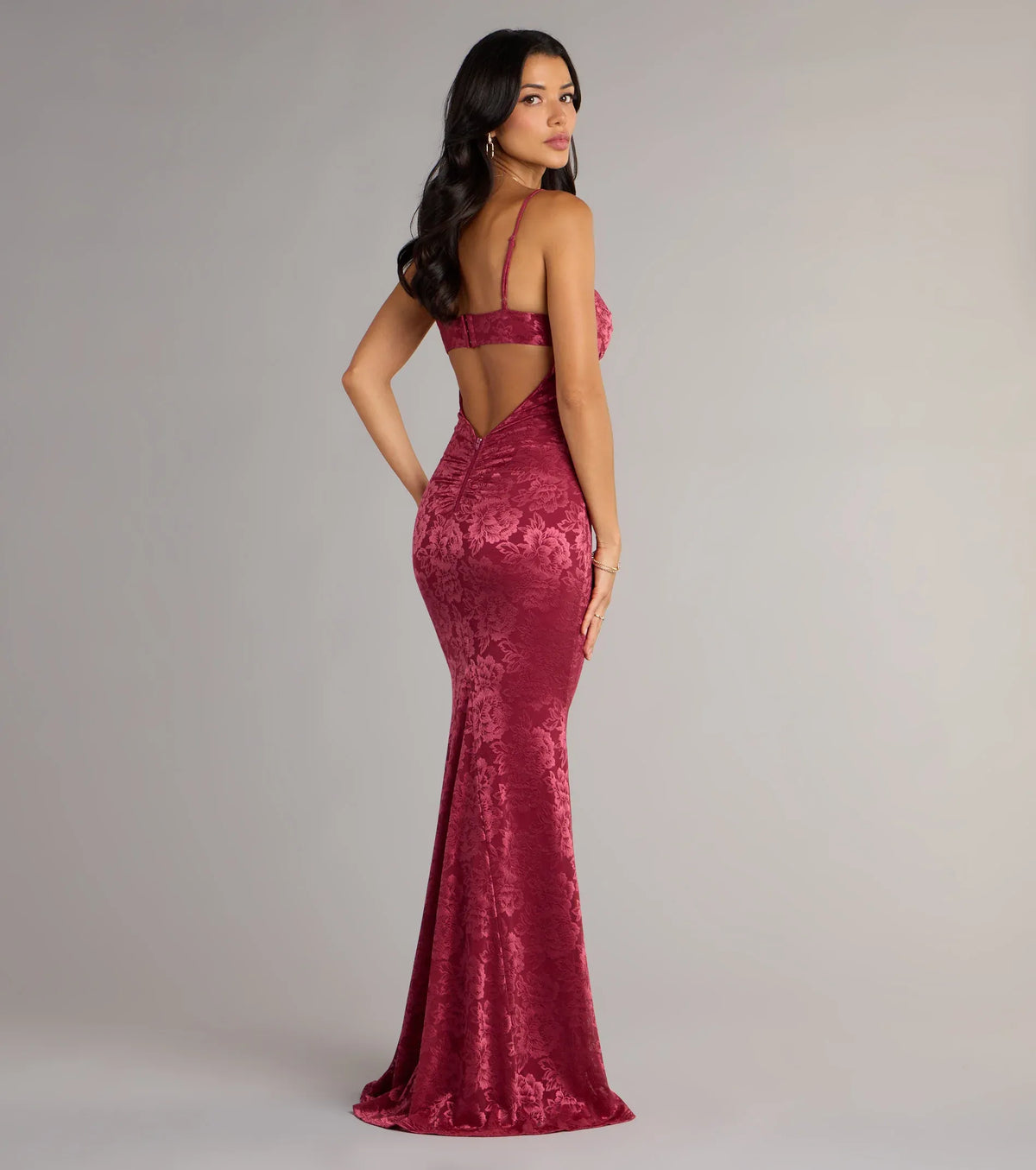 Burgundy Mermaid Spaghetti Strap Lace Open Back Floor-Length Wedding Dress - Yihuiw by Yihuiw