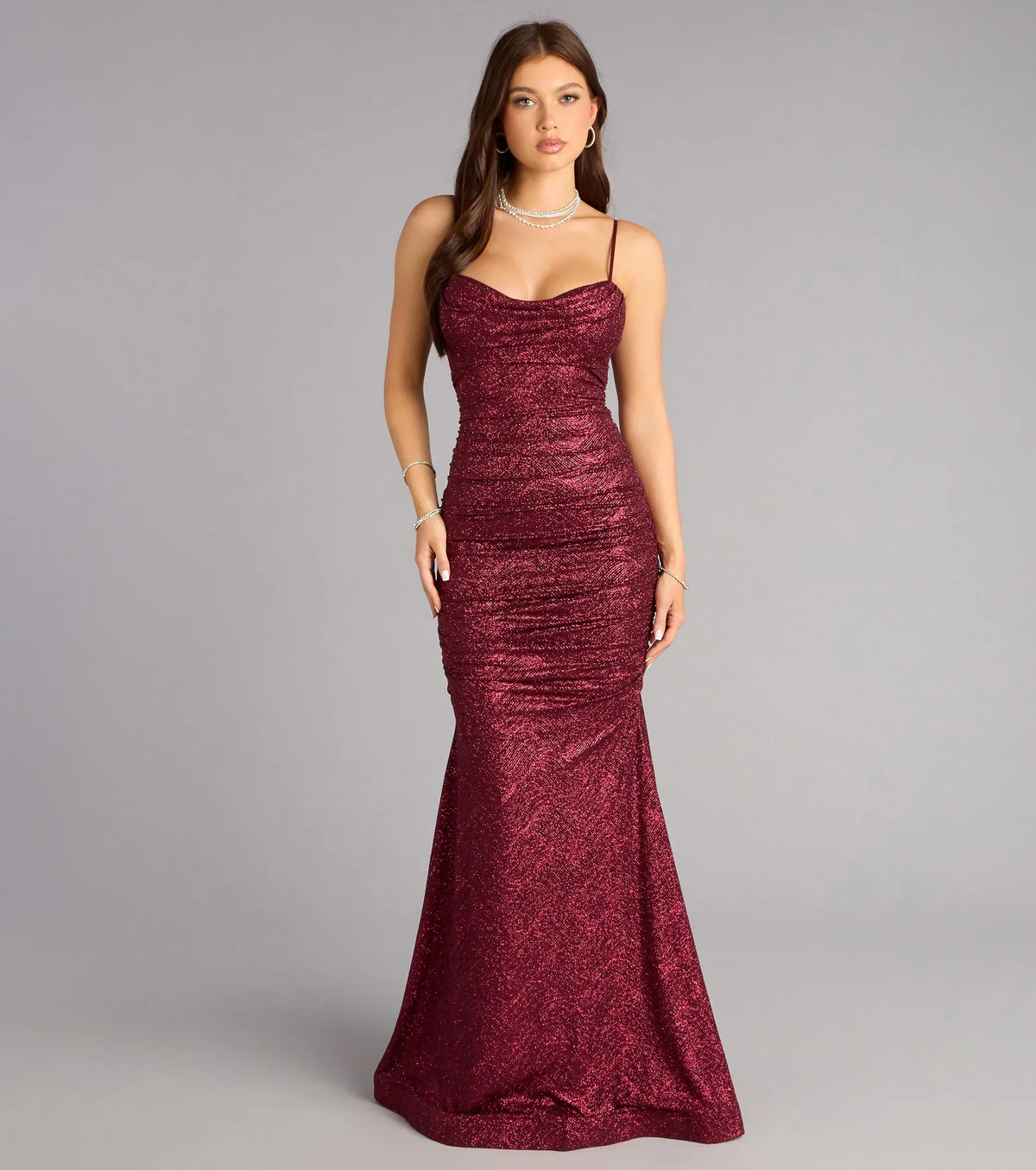 Burgundy Mermaid Spaghetti Strap Ruched Floor-Length Wedding Dress - Yihuiw by Yihuiw