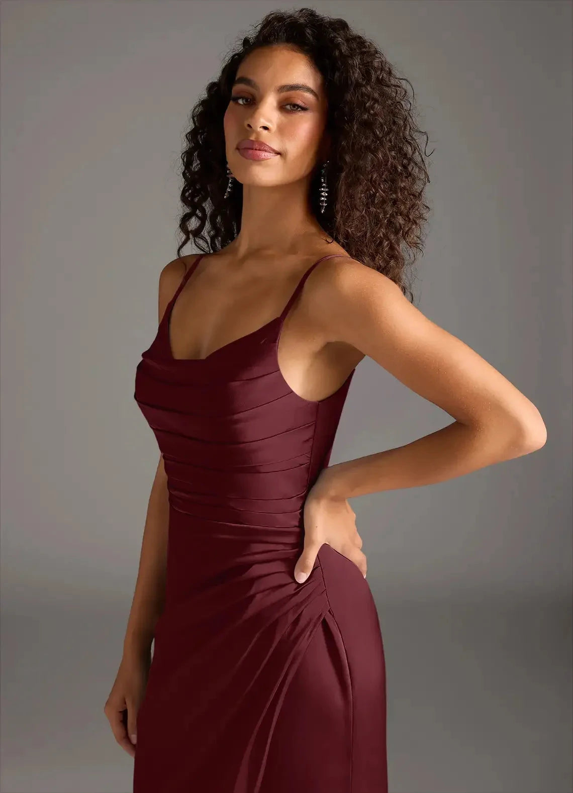 Burgundy Spaghetti Strap Maxi Dress with Side Slit and Ruched Detail Cabernet Mermaid Pleated Stretch Satin Dress Bridesmaid Dresses by YiHuiw