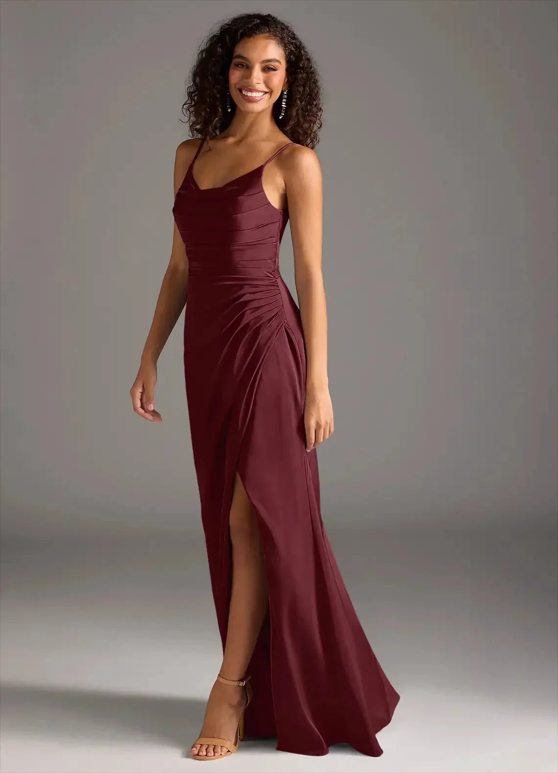Burgundy Spaghetti Strap Maxi Dress with Side Slit and Ruched Detail Cabernet Mermaid Pleated Stretch Satin Dress Bridesmaid Dresses by YiHuiw